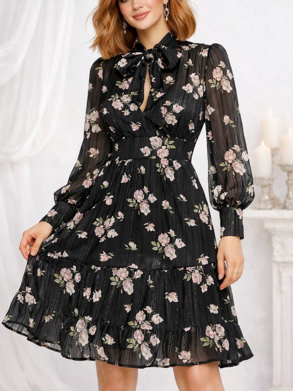 NWT Black Floral Sheer Midi Dress | Silver Detail | Whimsy Romantic Fall Style
